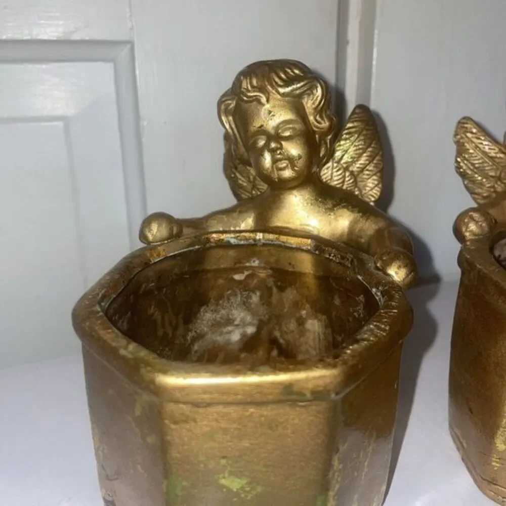 Two Cherub Planters‎ Candle Holders Gold Color Ceramic Composition